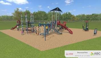 An artist rendering of new playground equipment at Sherwood Park. Landscape Structures image created for ABC Recreation courtesy of City of Sarnia.
