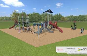 An artist rendering of new playground equipment at Sherwood Park. Landscape Structures image created for ABC Recreation courtesy of City of Sarnia.