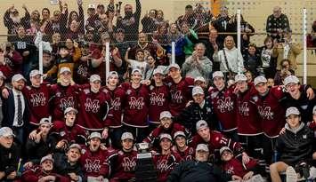 The Chatham Maroons celebrate after winning the GOJHL's Western Conference Final. (Photo via the Greater Ontario Junior Hockey League on Facebook / Josh Mailloux Photography)
