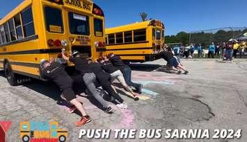Push the Bus 2024 tournament in Sarnia. (Screenshot courtesy of the Sarnia YMCA Jerry McCaw Family Centre via Facebook)