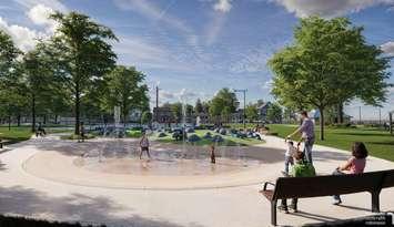 An artist rendering of a splash pad at Kenwick Park in Bright's Grove created by architects Tillmann Ruth Robinson. Image courtesy of Sarnia city council March 31, 2025 agenda.